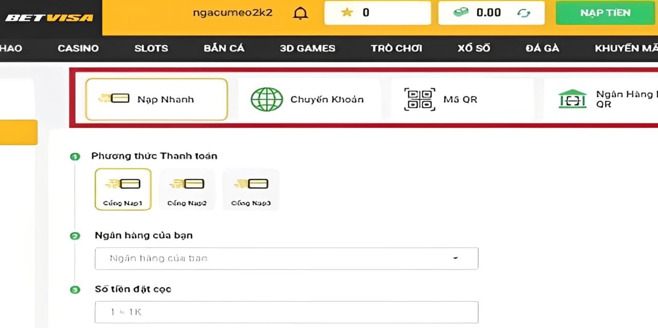 Hướng dẫn nạp tiền vào tài khoản Betvisa